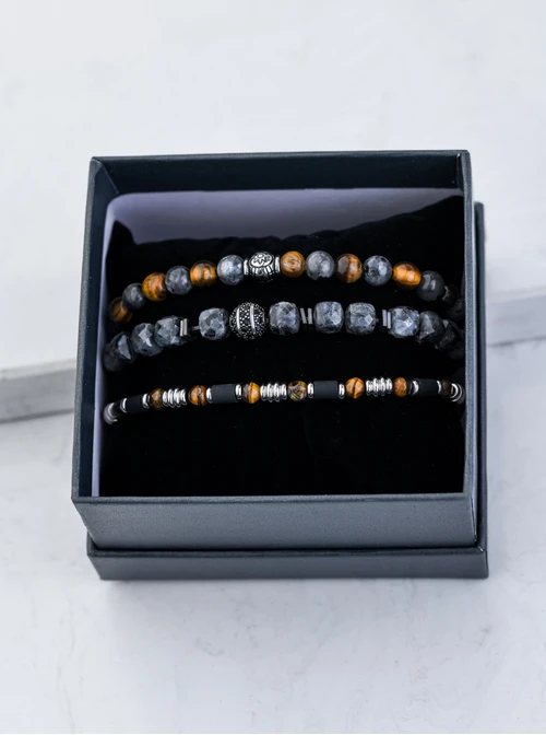 [Zestaw] Bransoletka męska, Tygrysie Oko, Kwarc, stal S109222S00