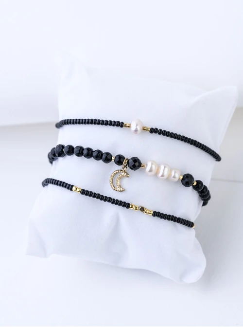 [Zestaw] Bransoletka czarne koraliki, perła, stal pozłacana S109370Z01