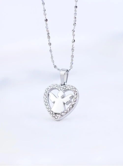Naszyjnik Aniołek, serce z kryształkami, stal S309550S00