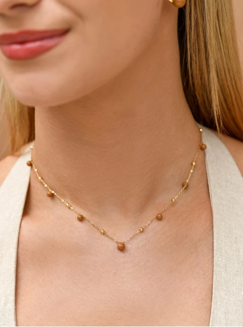 Naszyjnik beżowe kuleczki, stal pozłacana S309451Z13