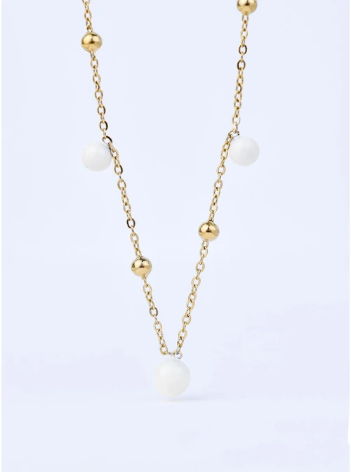 Naszyjnik białe kuleczki, stal pozłacana  S309451Z02