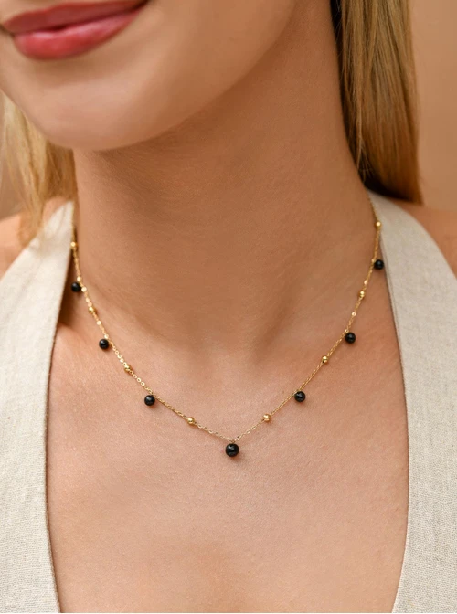 Naszyjnik czarne kuleczki, stal pozłacana S309451Z01