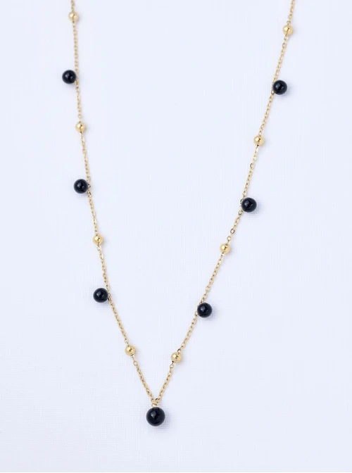 Naszyjnik czarne kuleczki, stal pozłacana S309451Z01
