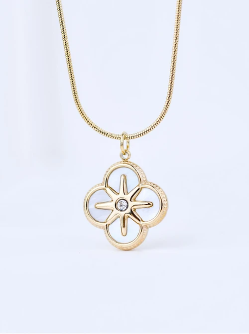 Naszyjnik długi, perłowa koniczynka, stal pozłacana S309491Z02