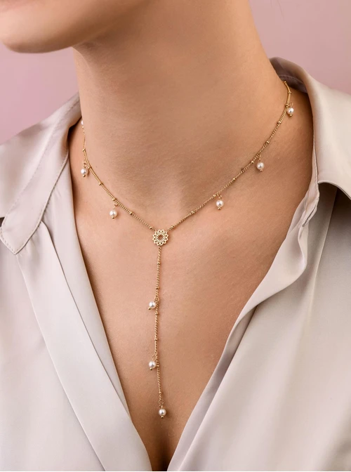 Naszyjnik krawatka, Rozeta Vezzi, perełki, stal pozłacana S308354Z00