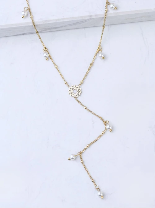 Naszyjnik krawatka, Rozeta Vezzi, perełki, stal pozłacana S308354Z00