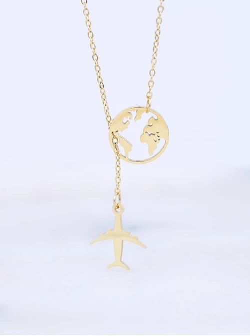 Naszyjnik mapa świata, samolot, stal pozłacana S309509Z00