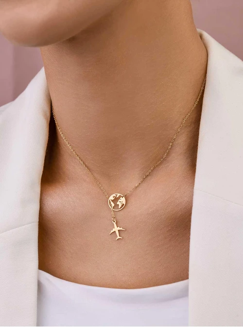 Naszyjnik mapa świata, samolot, stal pozłacana S309509Z00