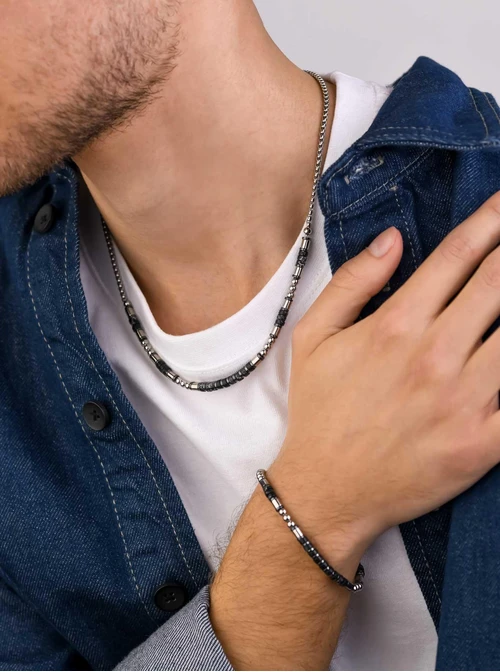 Naszyjnik męski, Jaspis Zebra, stal S309327S00