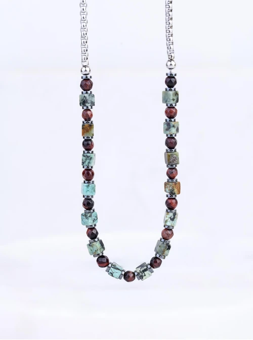 Naszyjnik męski, Turkus afrykański, Tygrysie Oko, stal S309330S00