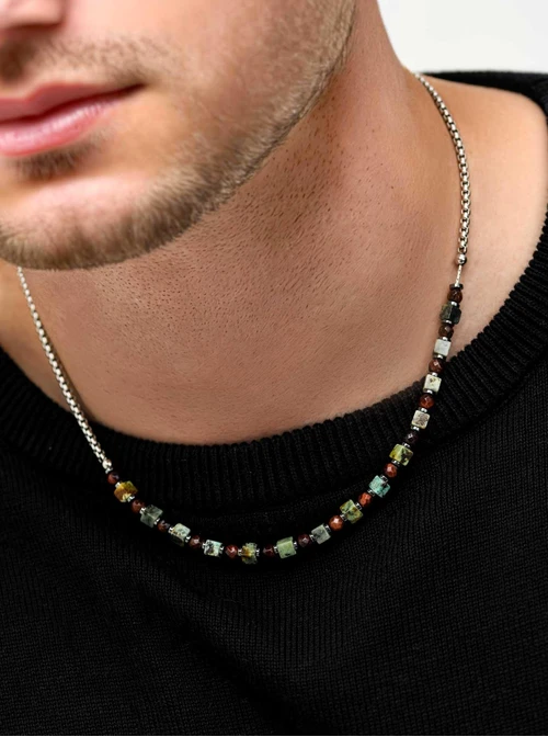 Naszyjnik męski, Turkus afrykański, Tygrysie Oko, stal S309330S00