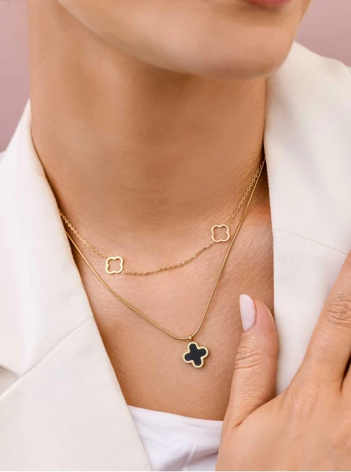 Naszyjnik podwójny, koniczynki, stal pozłacana S309515Z00