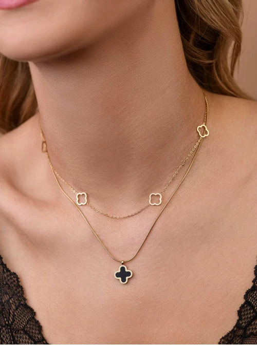 Naszyjnik podwójny, koniczynki, stal pozłacana S309515Z00