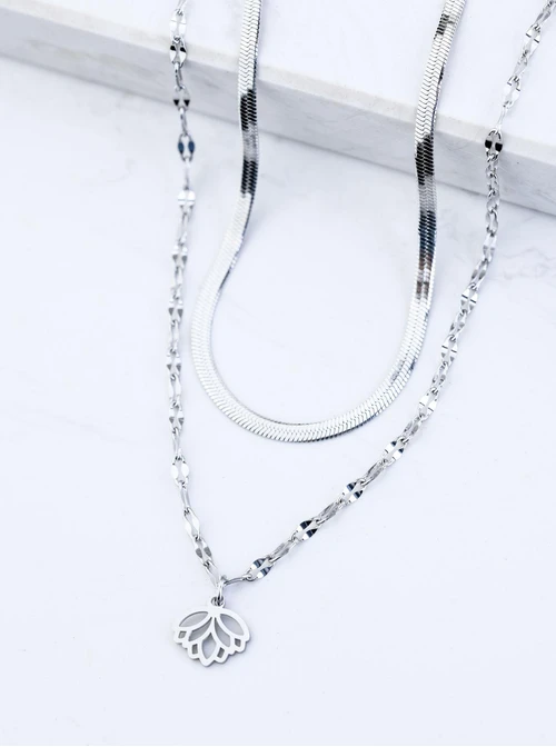 Naszyjnik podwójny kwiat lotosu, stal S309426S00