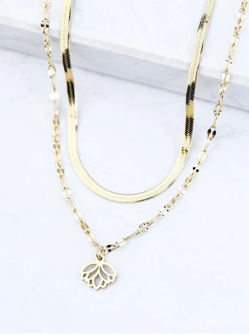 Naszyjnik podwójny, kwiat lotosu, stal pozłacana S309426Z00