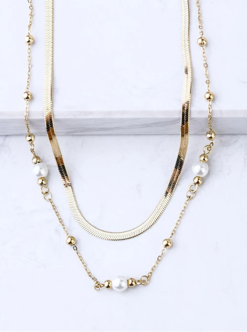 Naszyjnik podwójny perełki, stal pozłacana S308047Z00