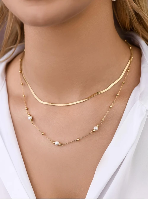 Naszyjnik podwójny perełki, stal pozłacana S308047Z00