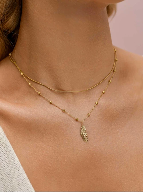 Naszyjnik podwójny, piórko, stal pozłacana S309468Z00