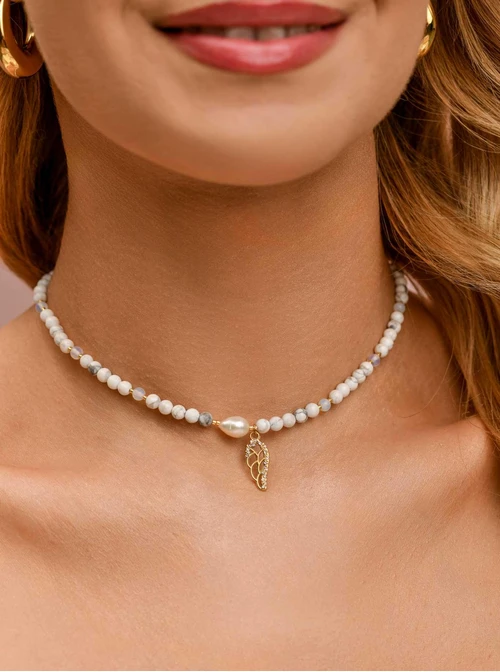 Naszyjnik skrzydełko, Howlit, stal pozłacana S309414Z02