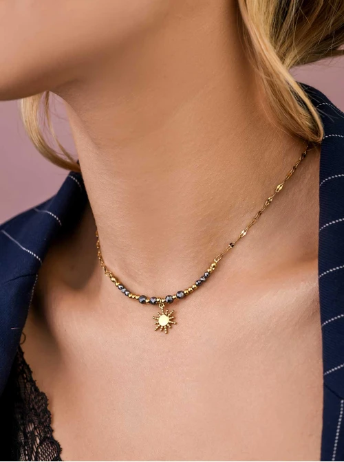 Naszyjnik słoneczko, Hematyt, stal pozłacana S308833Z00