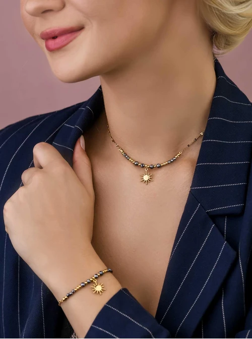 Naszyjnik słoneczko, Hematyt, stal pozłacana S308833Z00