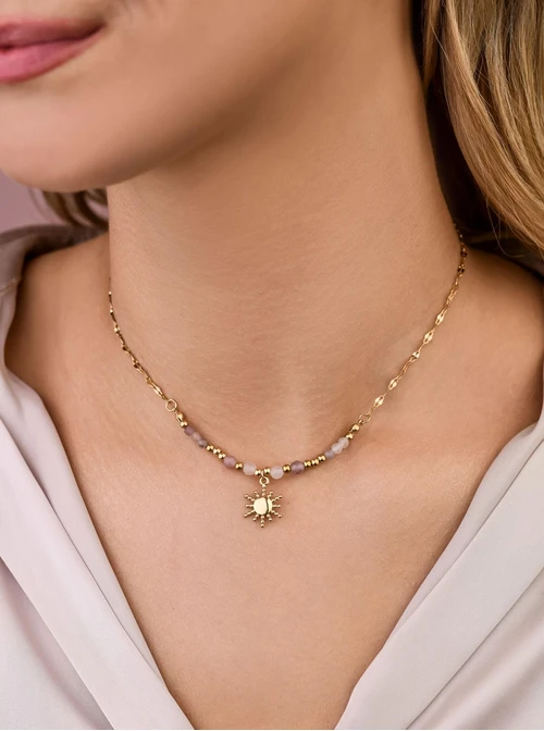 Naszyjnik słoneczko, Kunzyt, stal pozłacana S308830Z00