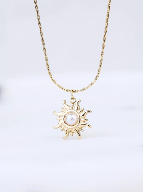 Naszyjnik słońce z perełką, stal pozłacana S309091Z00