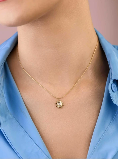 Naszyjnik słońce z perełką, stal pozłacana S309091Z00
