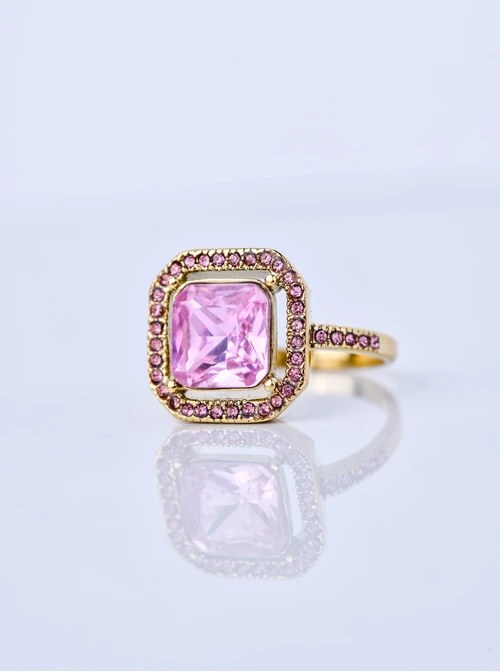 Pierścionek z różowym kryształem, stal pozłacana S404137Z06