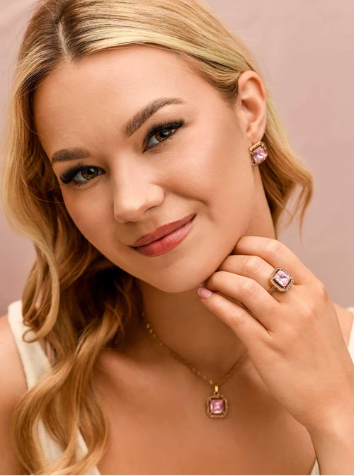 Pierścionek z różowym kryształem, stal pozłacana S404137Z06