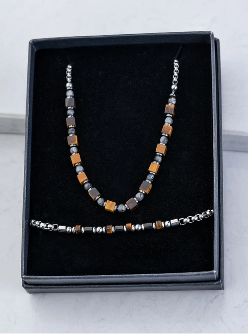 [Zestaw] Naszyjnik męski, Tygrysie Oko, stal S309329S00