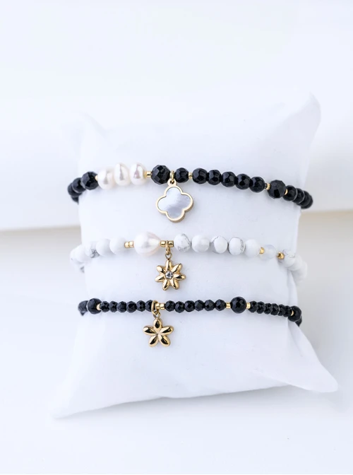 [Zestaw] Bransoletka koniczynka, perełki, Obsydian, stal pozłacana S109360Z01