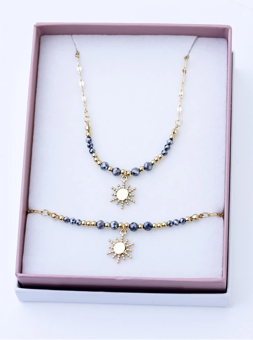 [Zestaw] Naszyjnik słoneczko, Hematyt, stal pozłacana S308833Z00