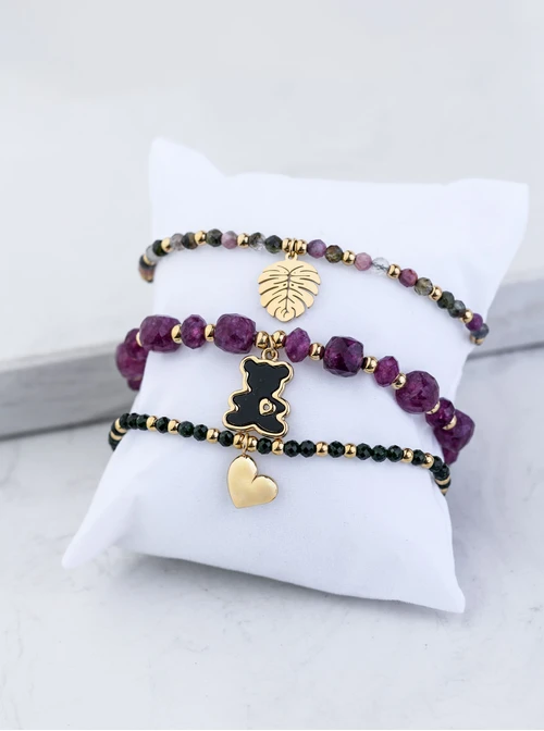 [Zestaw] Bransoletka monstera, Turmalin, stal pozłacana S108542Z00