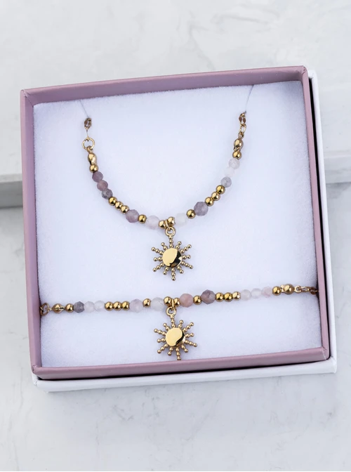 [Zestaw] Naszyjnik słoneczko, Kunzyt, stal pozłacana S308830Z00