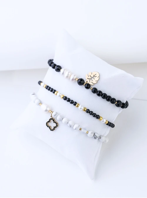 [Zestaw] Bransoletka koniczynka, perełka, Howlit, stal pozłacana S109395Z01