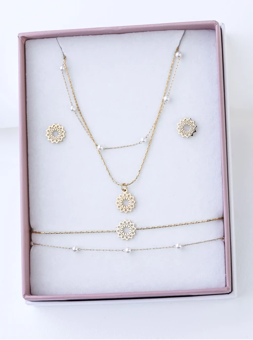 [Zestaw] Naszyjnik Rozeta Vezzi, perełki, stal pozłacana S308438Z00