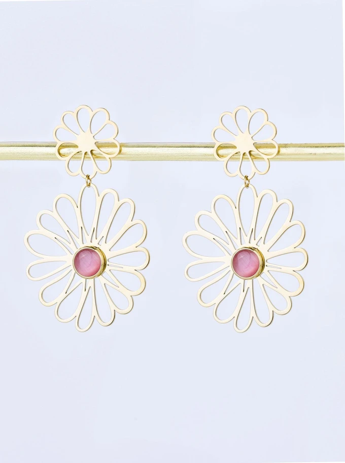 Kolczyki kwiaty, pudrowe Kocie Oko, stal pozłacana S209441Z00