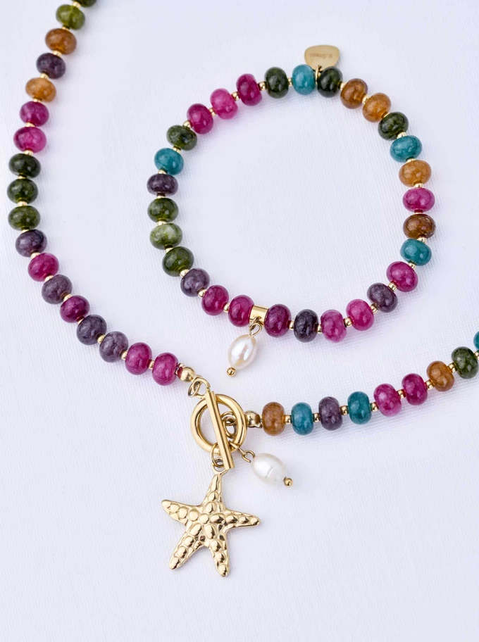 [Zestaw] Choker rozgwiazda, Turmalin, stal pozłacana S309755Z00