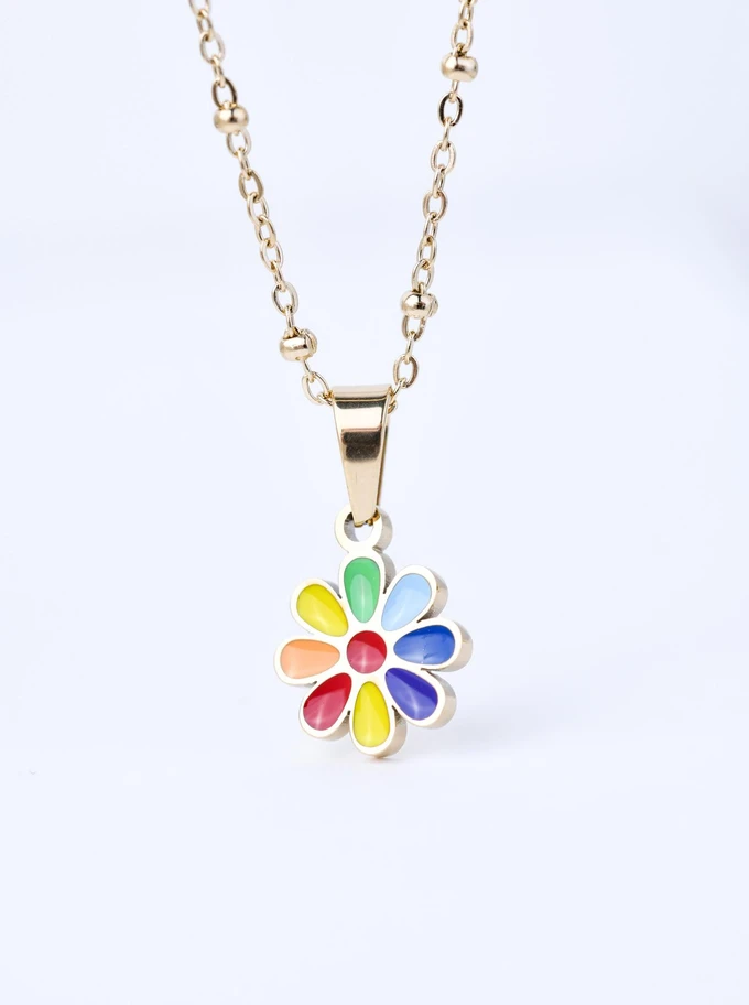 Naszyjnik kolorowy kwiatuszek, stal pozłacana  S309674Z07