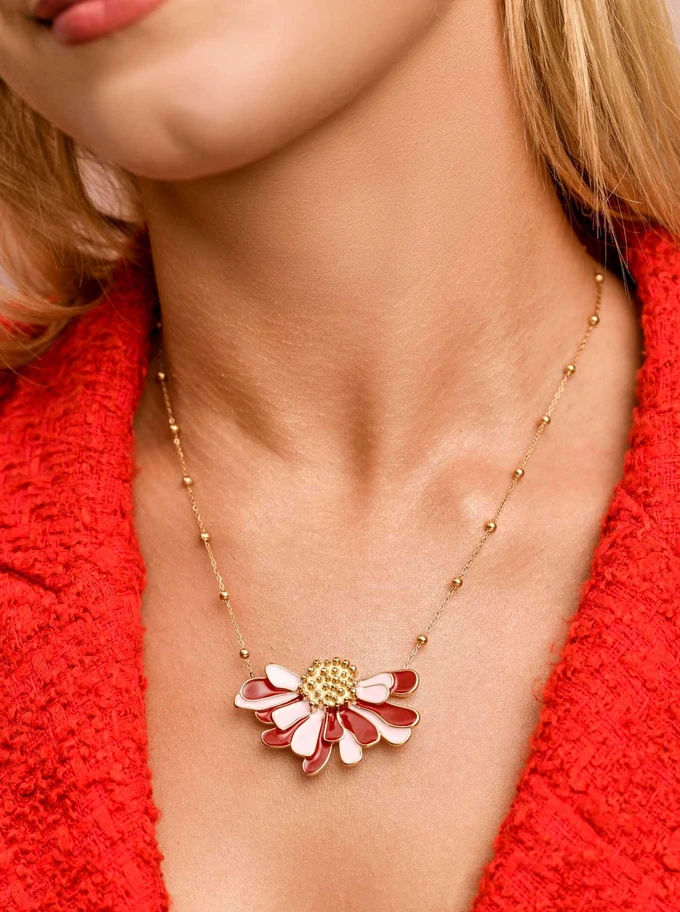 Naszyjnik kwiat różowo- bordowy, stal pozłacana S309671Z07