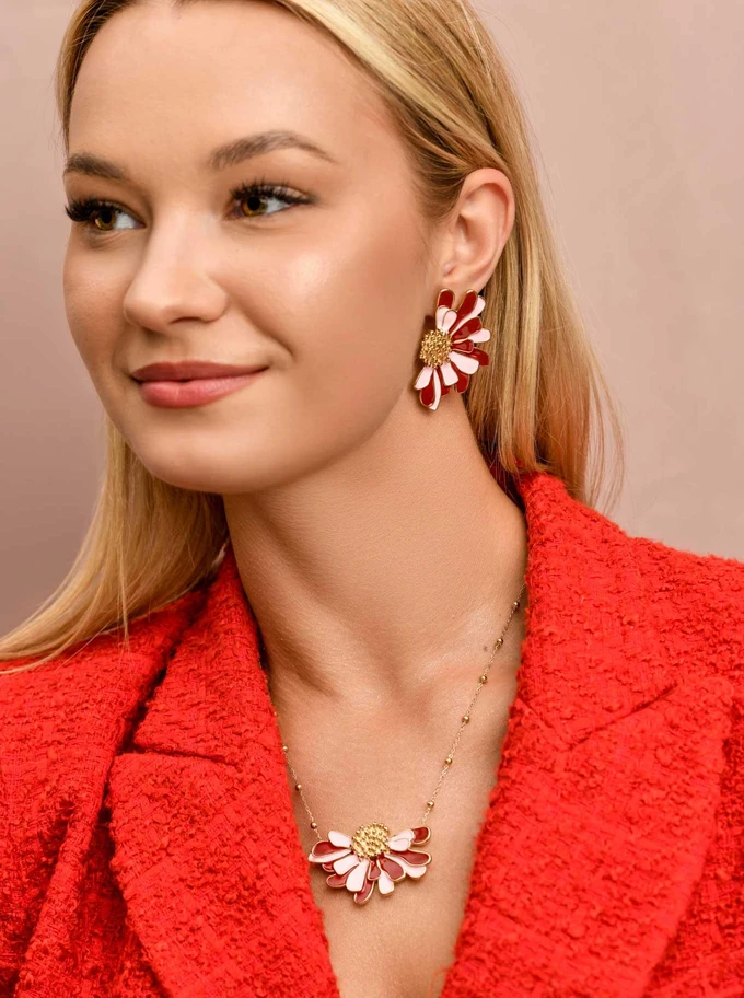 Naszyjnik kwiat różowo- bordowy, stal pozłacana S309671Z07