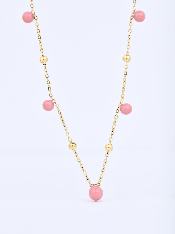 Naszyjnik różowe kuleczki, stal pozłacana S309451Z06