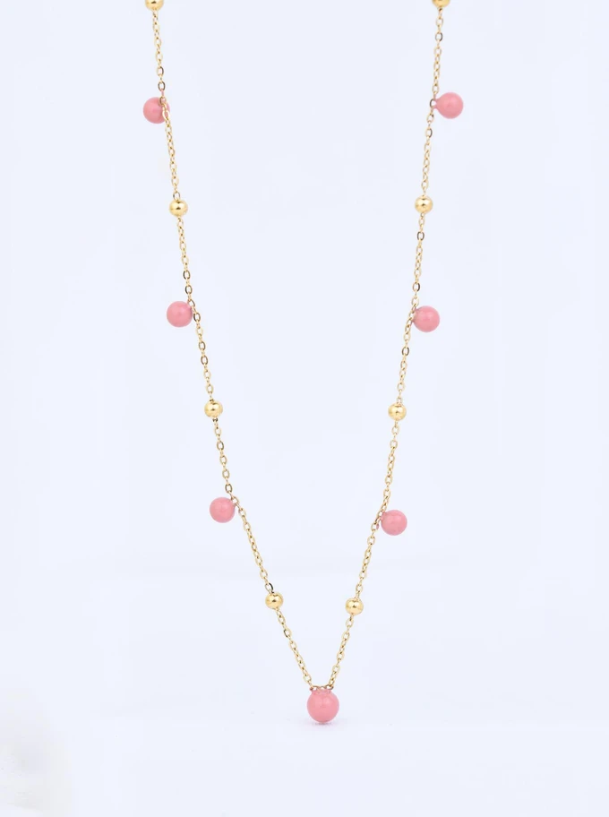 Naszyjnik różowe kuleczki, stal pozłacana S309451Z06