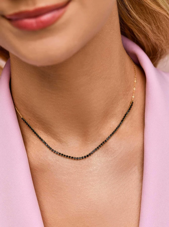 Naszyjnik tenisowy, czarne kryształki, stal pozłacana S309908Z01