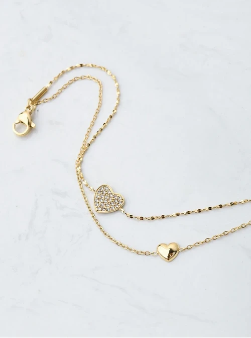 [Zestaw] Naszyjnik podwójny, serduszka, kryształki, złoty S306163Z00