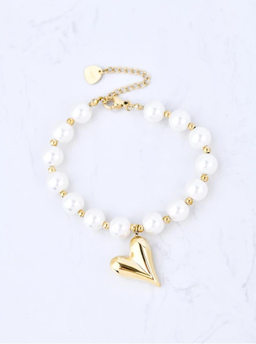 Bransoletka dmuchane serce, perły, stal pozłacana S109895Z02