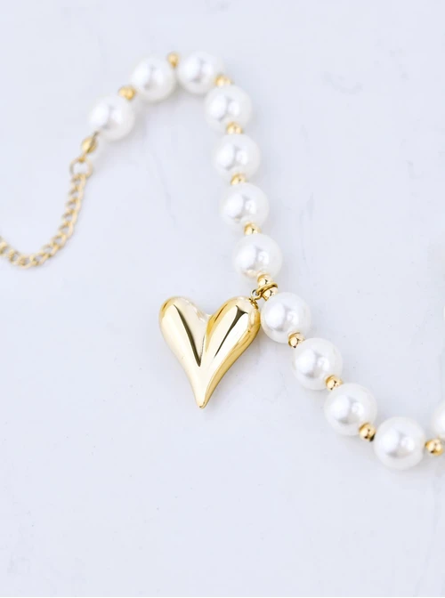 Bransoletka dmuchane serce, perły, stal pozłacana S109895Z02