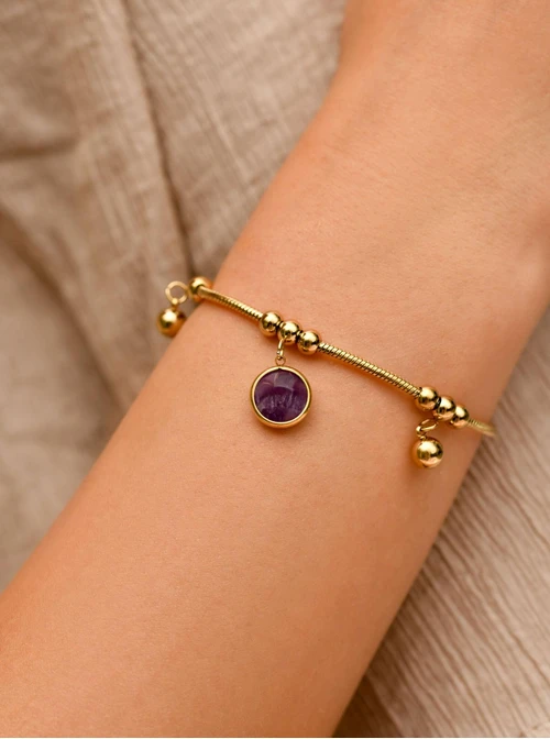 Bransoletka kuleczki, Ametyst, stal pozłacana  S109840Z00