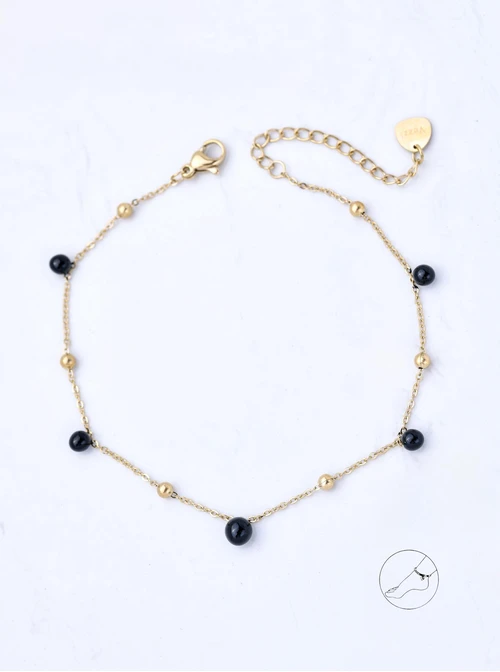 Bransoletka na kostkę, czarne kuleczki, stal pozłacana S109635Z01